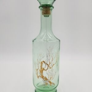 Vtg 1960's Green Glass Liquor Alcohol  Bottle/Decanter Gold Tree White Blossom